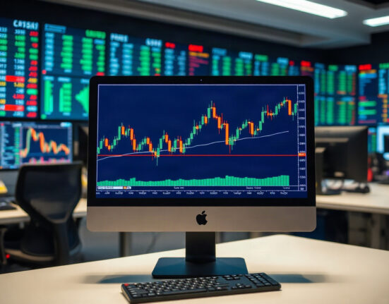 GBP/USD currency chart on a monitor in a trading office