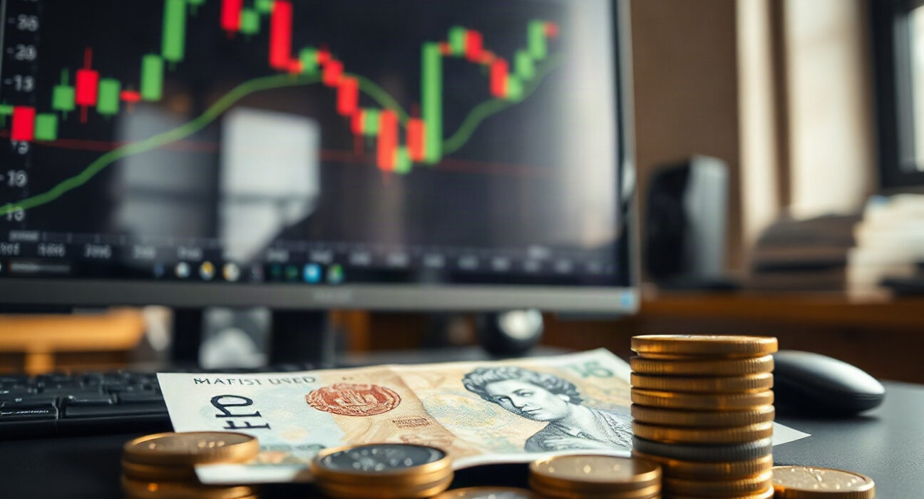 British pound notes and coins with a GBP/USD chart in the background