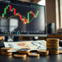British pound notes and coins with a GBP/USD chart in the background