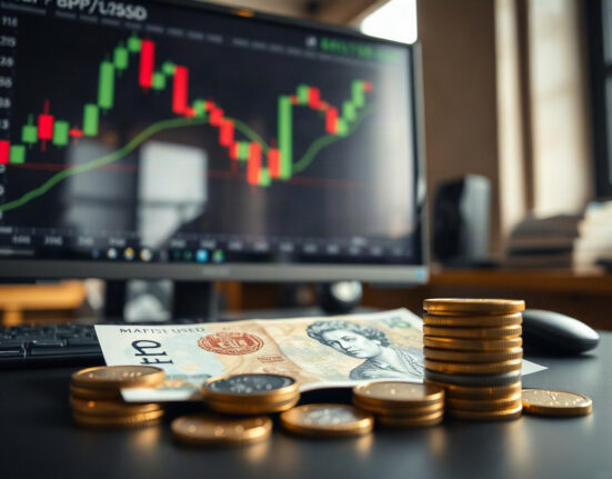 British pound notes and coins with a GBP/USD chart in the background