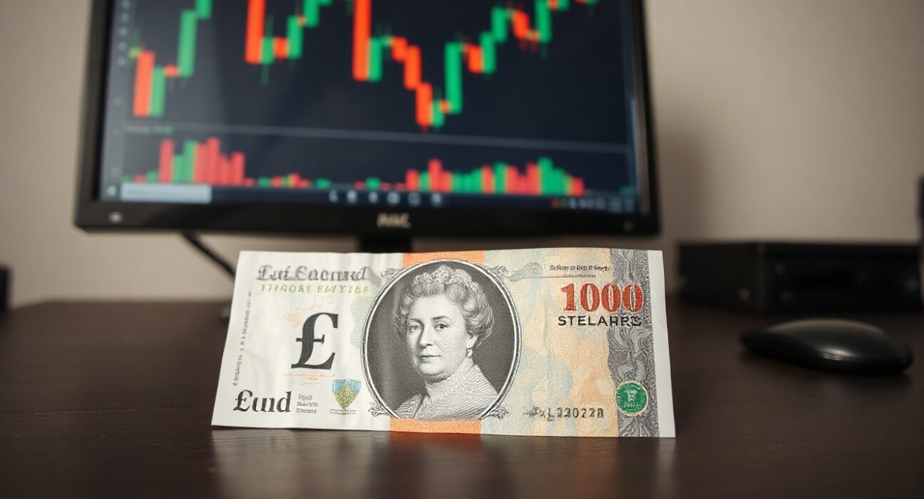 British pound and US dollar banknotes on a desk with a financial chart in the background
