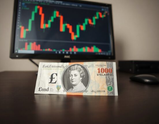 British pound and US dollar banknotes on a desk with a financial chart in the background