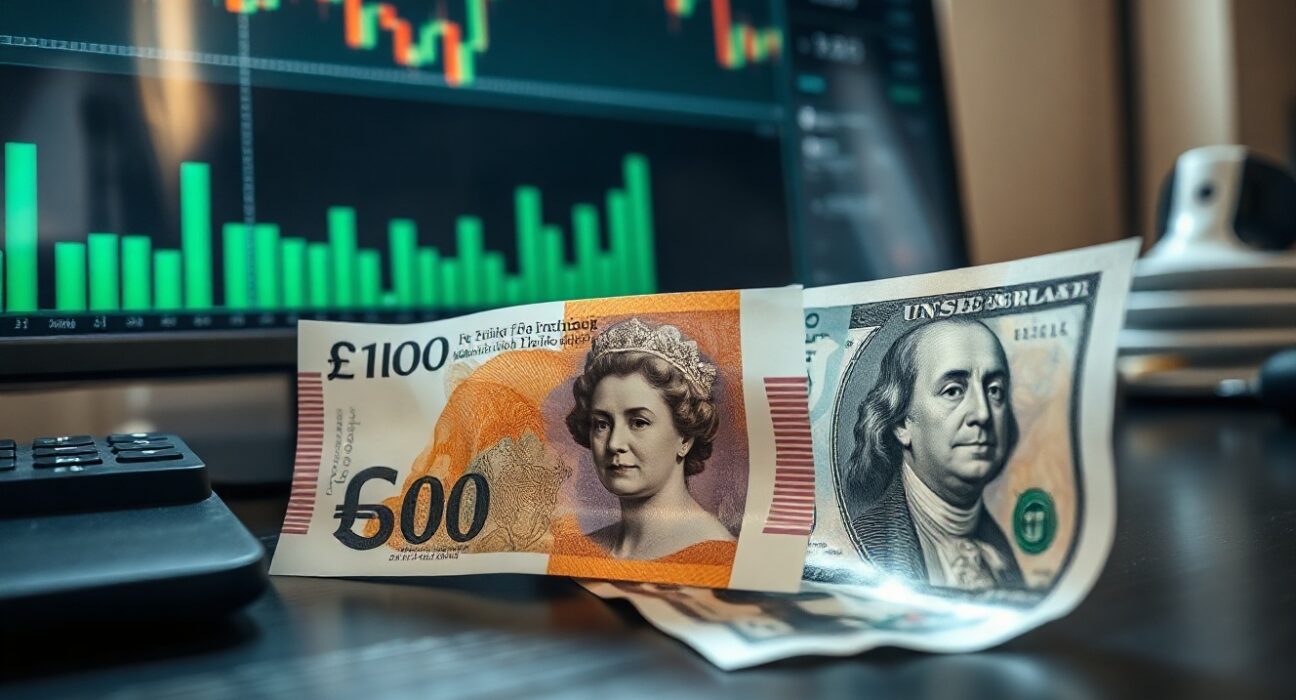 British pound and US dollar banknotes on a desk with financial charts in background