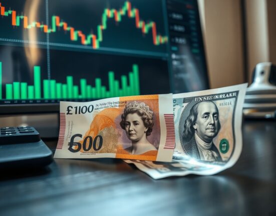 British pound and US dollar banknotes on a desk with financial charts in background