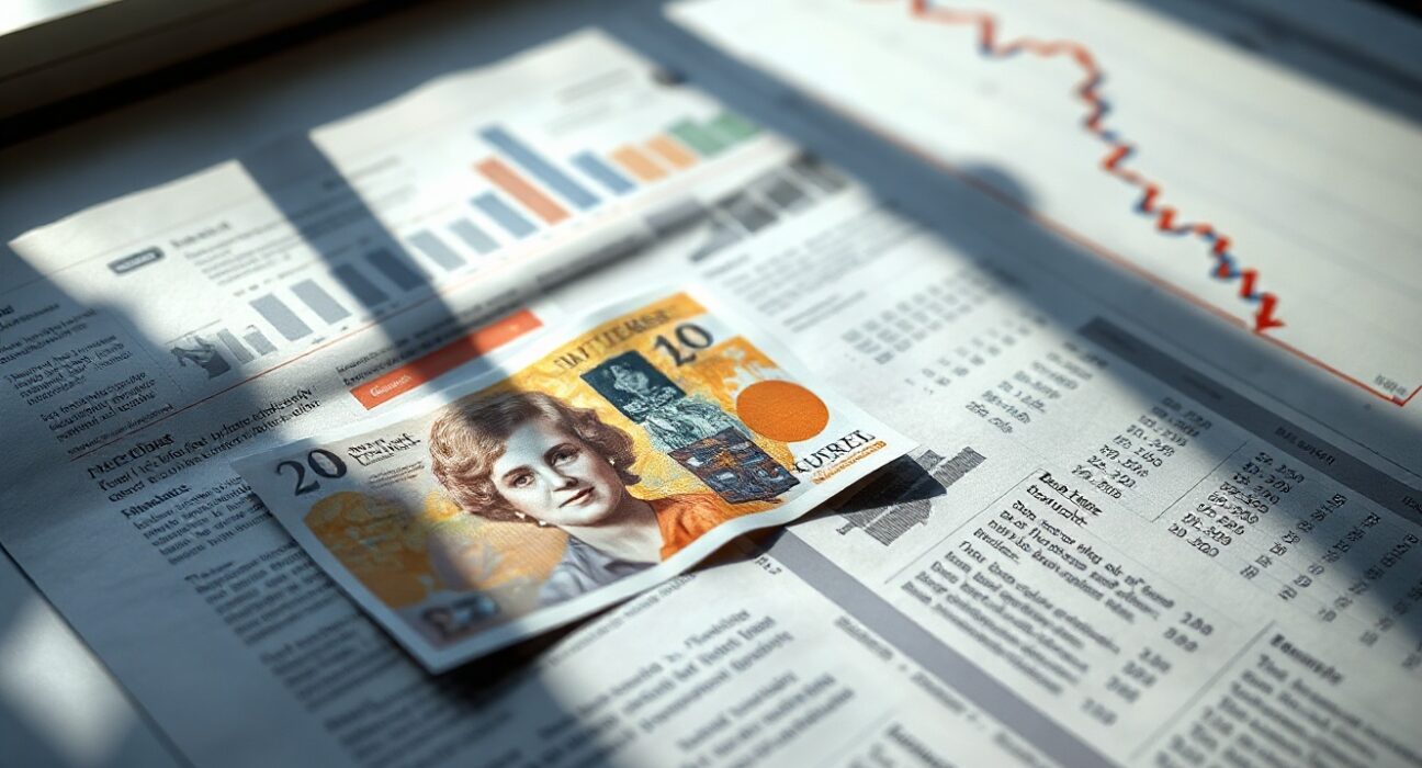British Pound banknote on a financial newspaper with charts showing inflation data