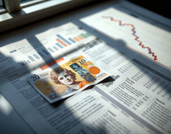British Pound banknote on a financial newspaper with charts showing inflation data