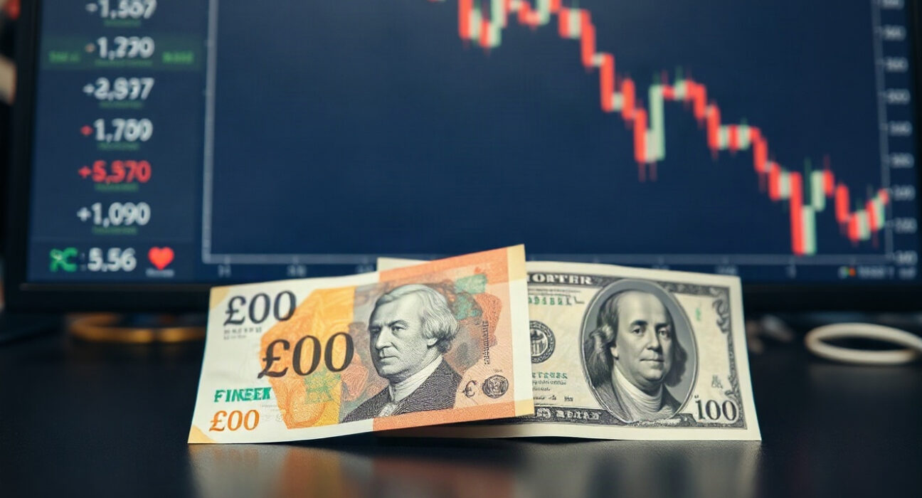 British Pound and US Dollar banknotes on a trading desk with a financial chart in the background.