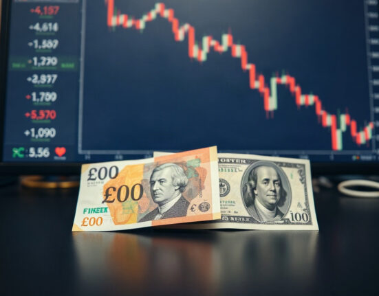 British Pound and US Dollar banknotes on a trading desk with a financial chart in the background.