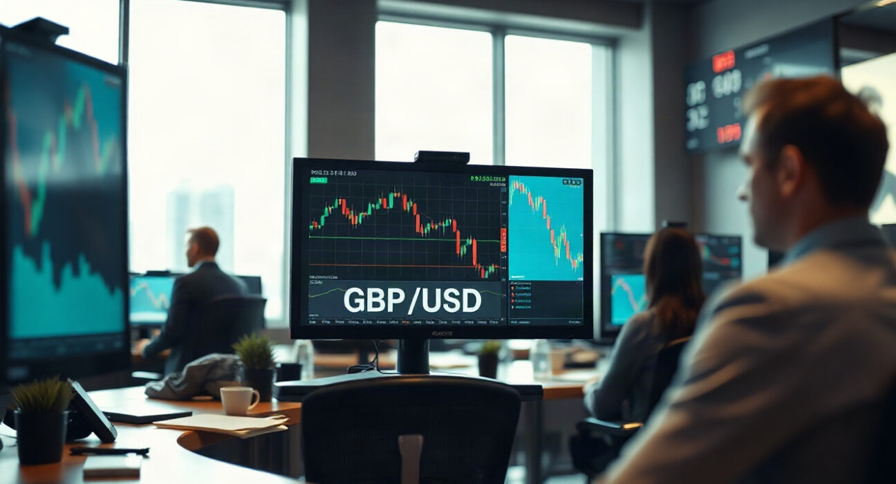GBP/USD currency chart on trading floor monitors as pound weakens amid geopolitical tensions