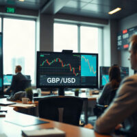 GBP/USD currency chart on trading floor monitors as pound weakens amid geopolitical tensions