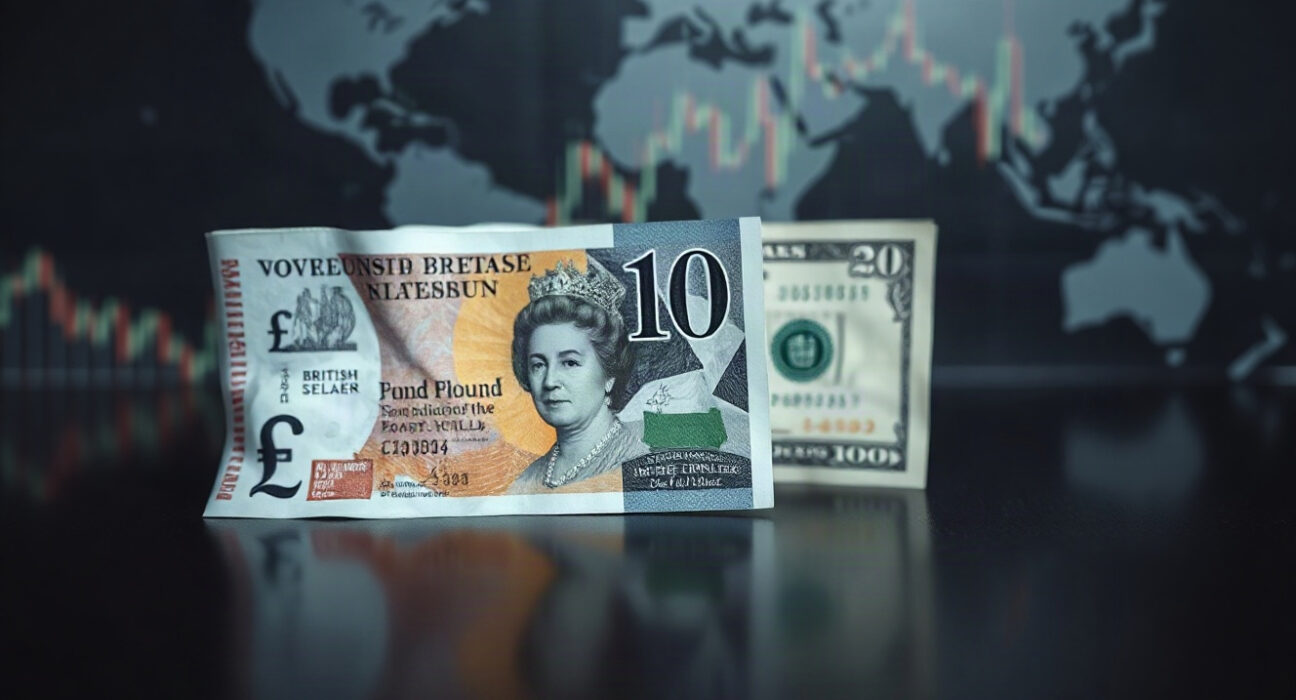 British pound and US dollar banknotes on a reflective surface, representing GBP/USD exchange rate movements.