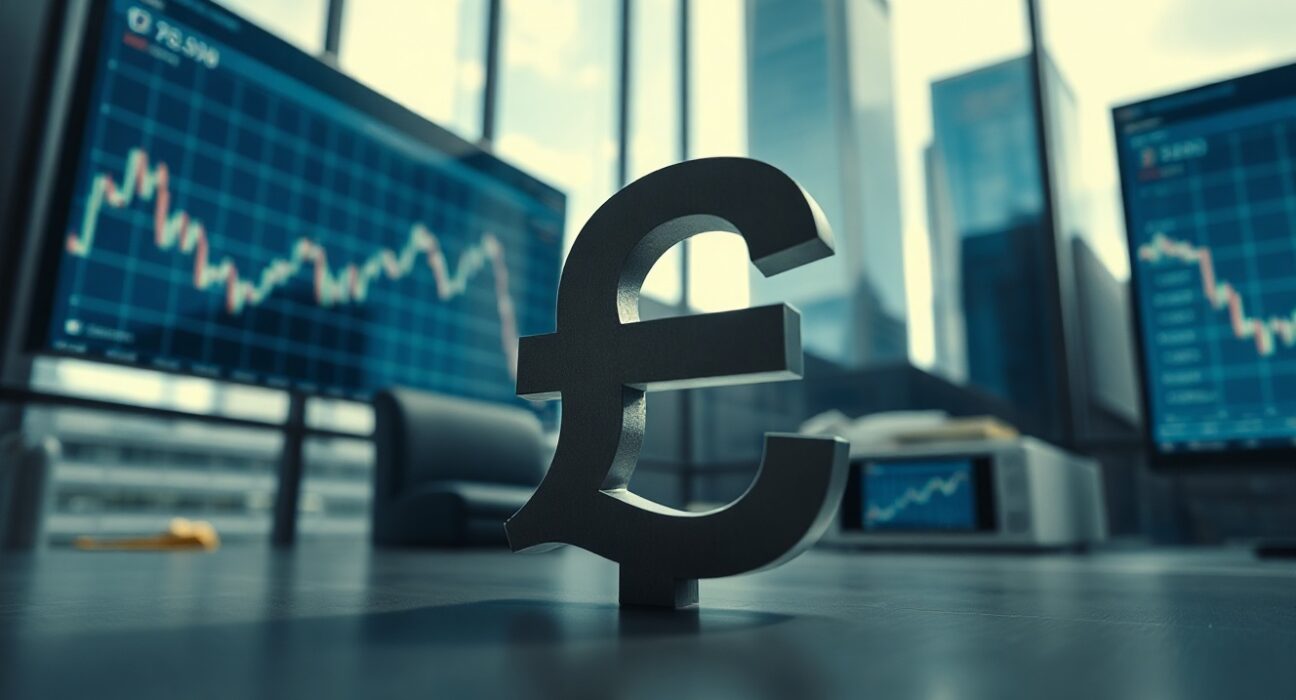 British pound sterling symbol with financial charts in background
