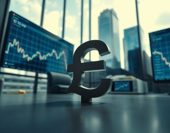 British pound sterling symbol with financial charts in background