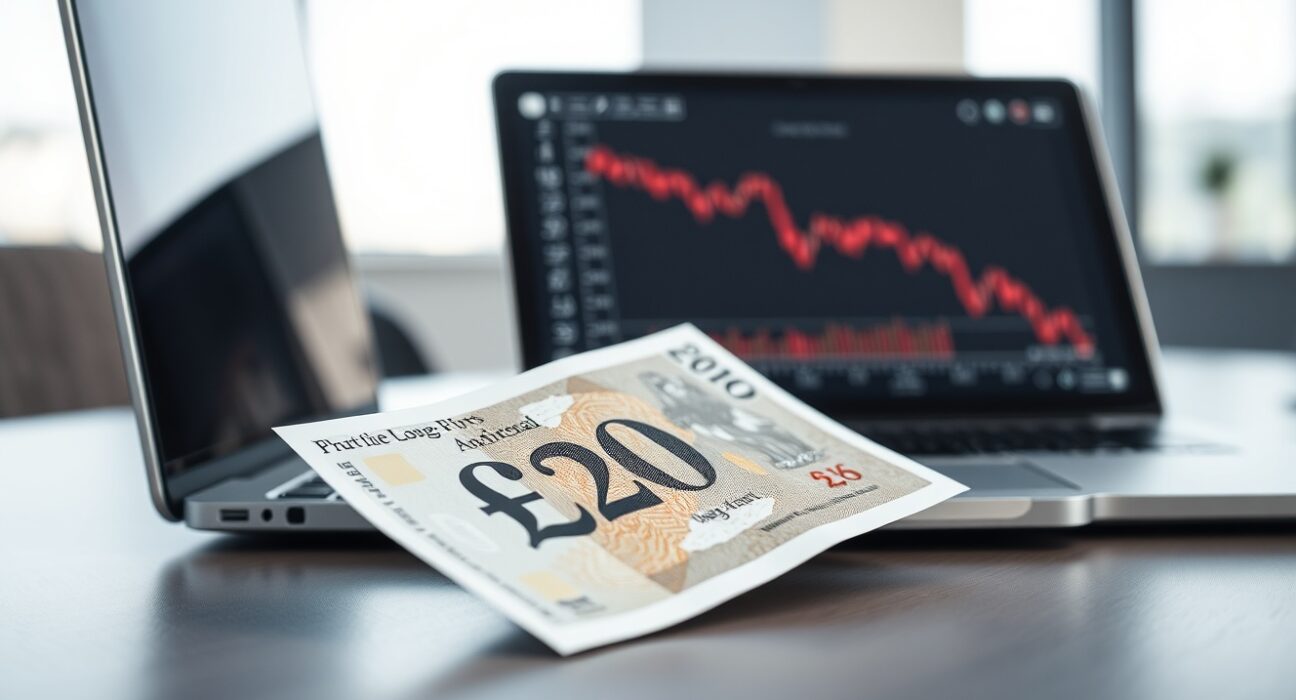 British pound banknote with a declining financial chart on a laptop screen, representing weak GDP and potential BoE rate cuts.