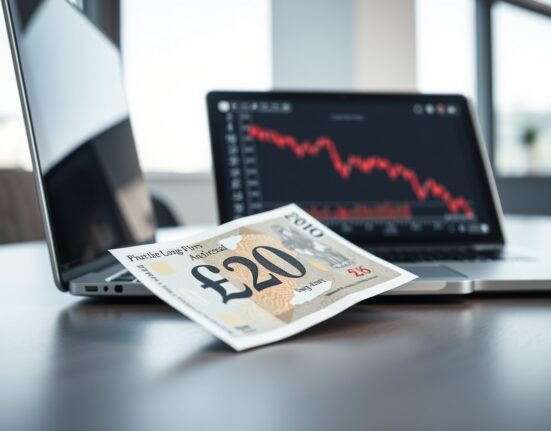 British pound banknote with a declining financial chart on a laptop screen, representing weak GDP and potential BoE rate cuts.