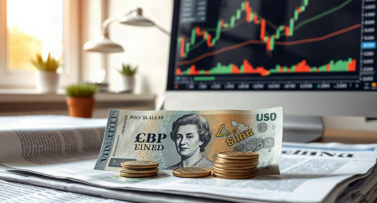 British Pound banknotes and coins with a financial chart on a monitor in an office setting