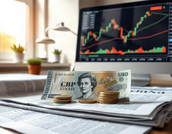 British Pound banknotes and coins with a financial chart on a monitor in an office setting