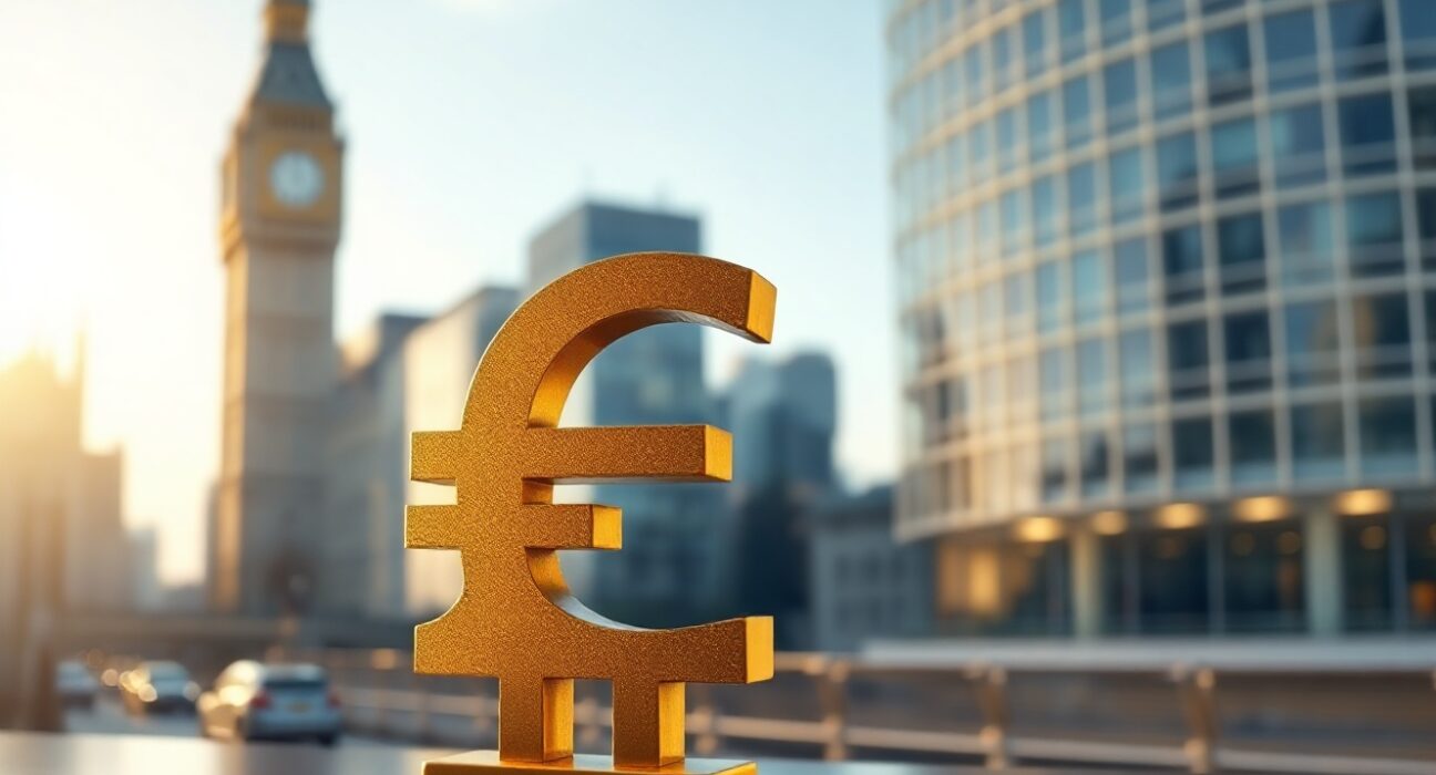 British pound symbol in gold against a blurred London financial district background at dawn