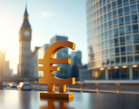 British pound symbol in gold against a blurred London financial district background at dawn