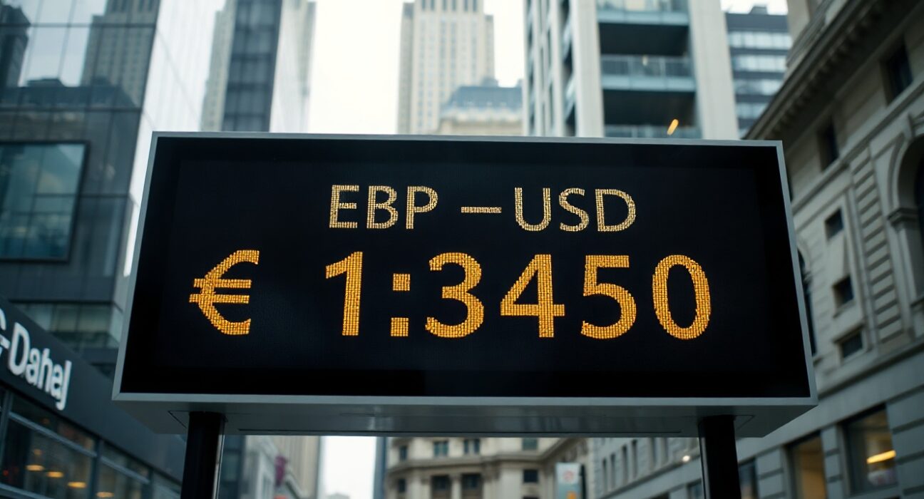 Currency exchange board showing GBP/USD rate at 1.3450 in a financial district