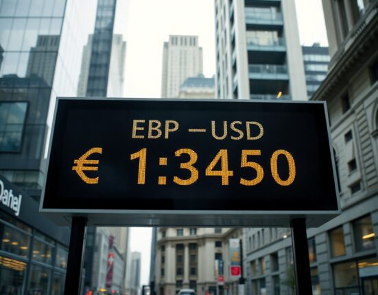 Currency exchange board showing GBP/USD rate at 1.3450 in a financial district
