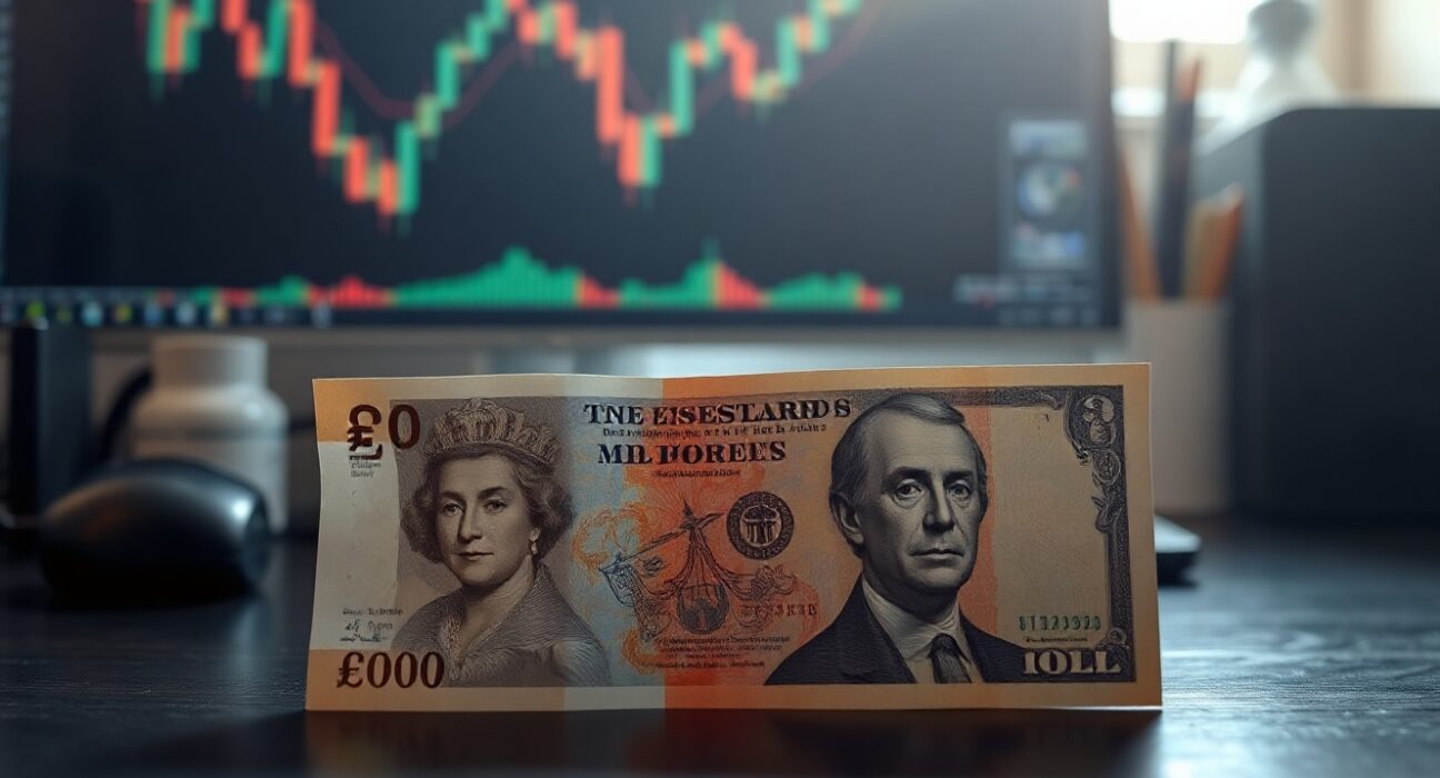British pound and US dollar banknotes on a desk with a forex chart in the background