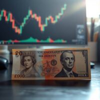 British pound and US dollar banknotes on a desk with a forex chart in the background