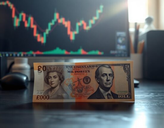 British pound and US dollar banknotes on a desk with a forex chart in the background