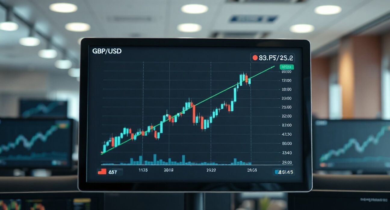 GBP/USD chart on a trading screen in an office, showing upward movement