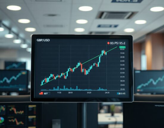 GBP/USD chart on a trading screen in an office, showing upward movement