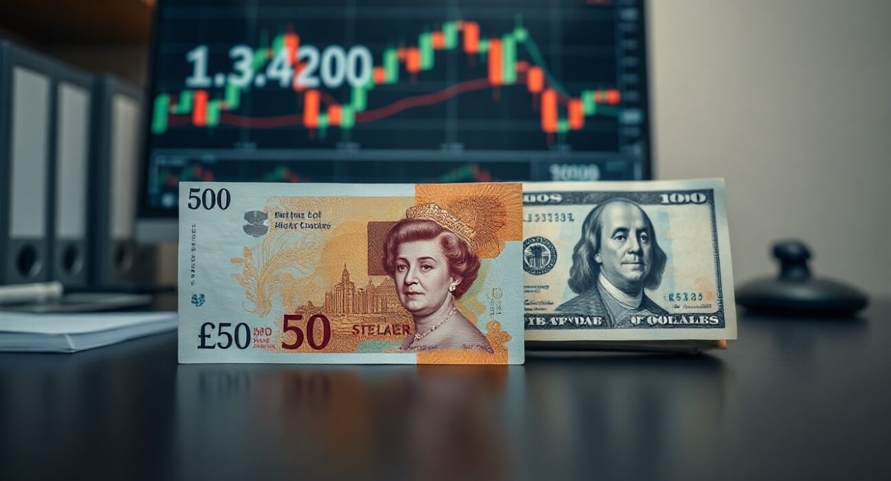British Pound and US Dollar banknotes on a desk with a chart on a monitor in the background