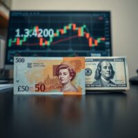British Pound and US Dollar banknotes on a desk with a chart on a monitor in the background