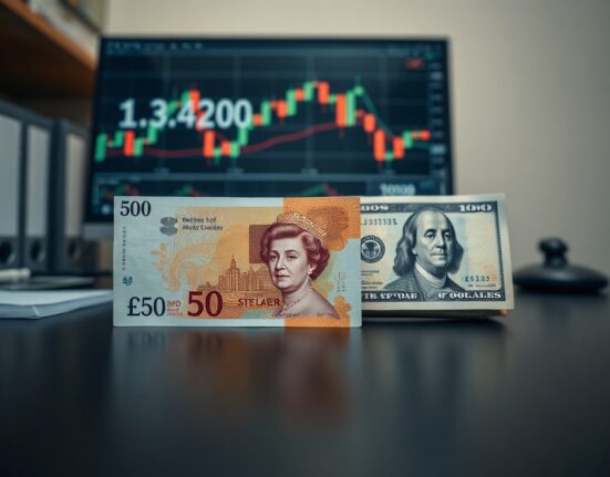 British Pound and US Dollar banknotes on a desk with a chart on a monitor in the background