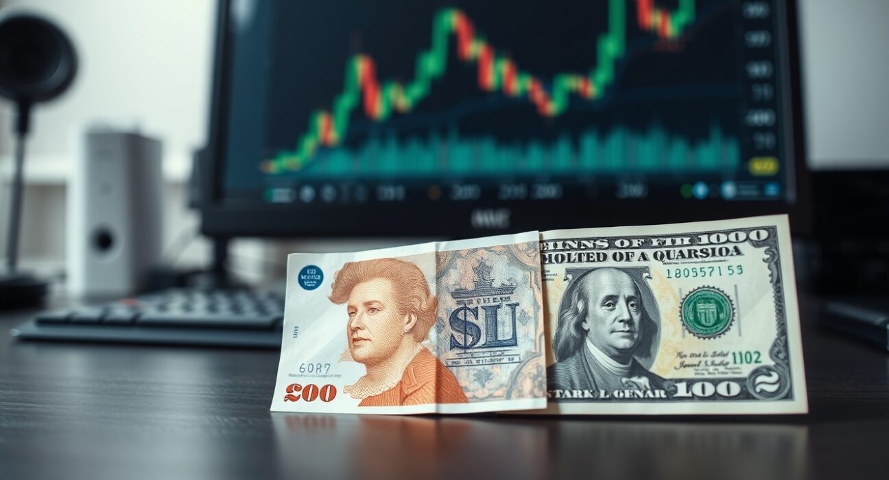 British pound and US dollar banknotes on a desk with a financial chart in the background