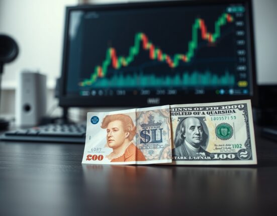 British pound and US dollar banknotes on a desk with a financial chart in the background