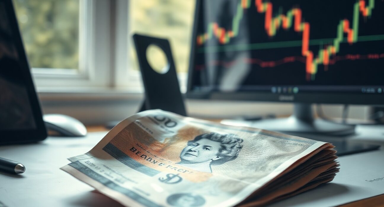British pound and US dollar banknotes on a financial news desk with a chart in the background