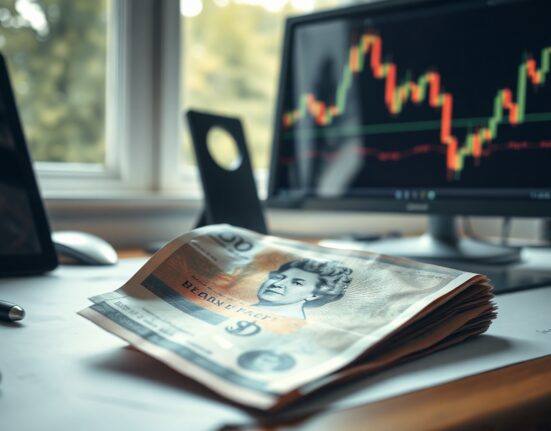 British pound and US dollar banknotes on a financial news desk with a chart in the background