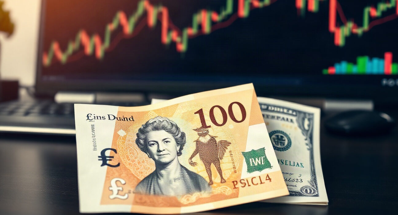 British pound and US dollar banknotes on a desk with financial charts in background