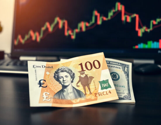 British pound and US dollar banknotes on a desk with financial charts in background
