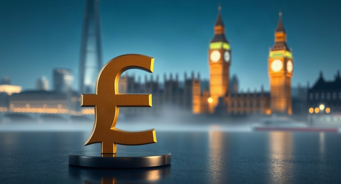 Gold British pound symbol with London skyline in background, representing sterling stability