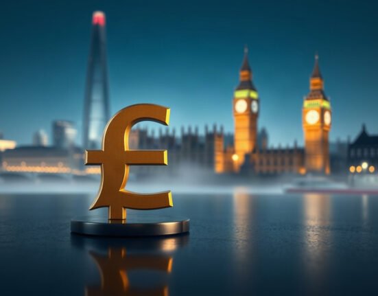 Gold British pound symbol with London skyline in background, representing sterling stability