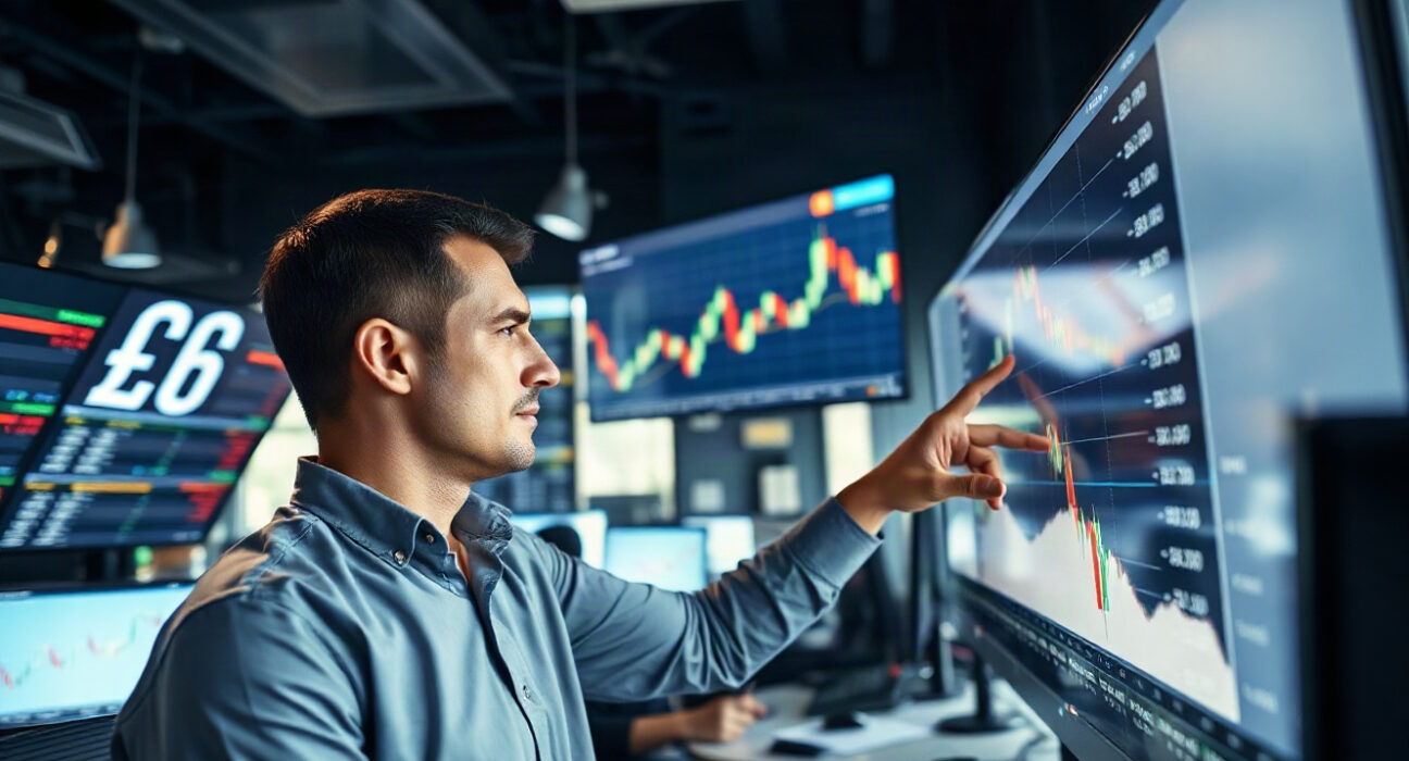 Analyst monitoring GBP/USD chart on trading floor as Bank of England holds rates