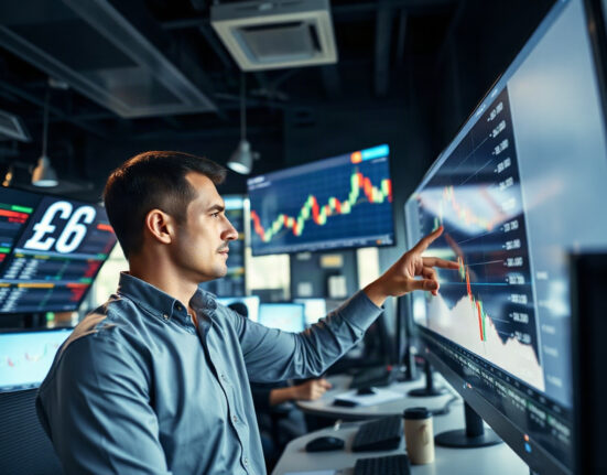 Analyst monitoring GBP/USD chart on trading floor as Bank of England holds rates