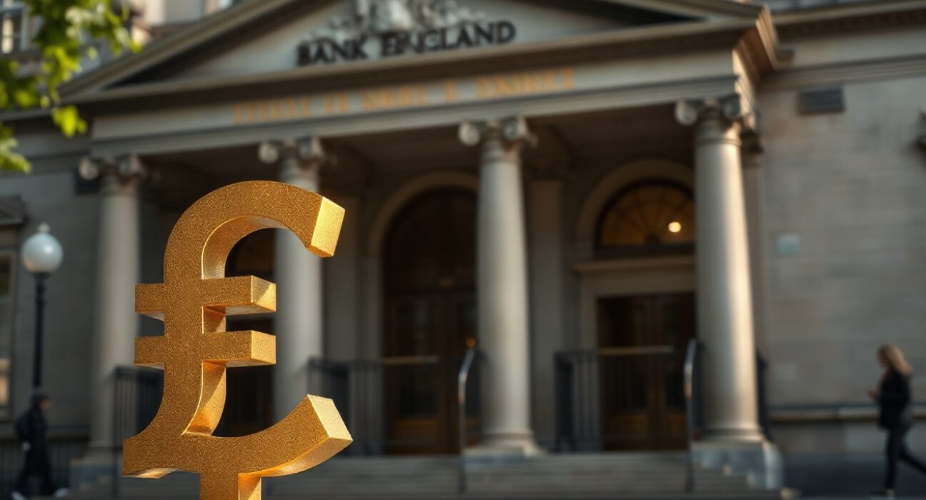 British pound symbol with Bank of England in background
