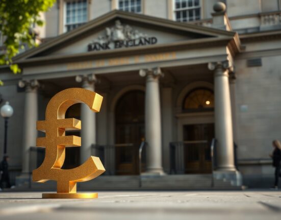 British pound symbol with Bank of England in background
