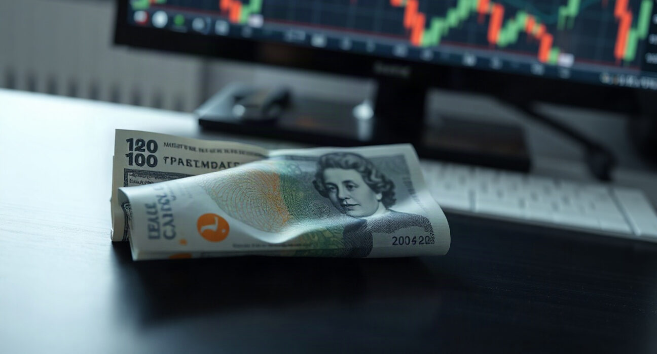 British pound and U.S. dollar banknotes on a desk with financial charts in the background