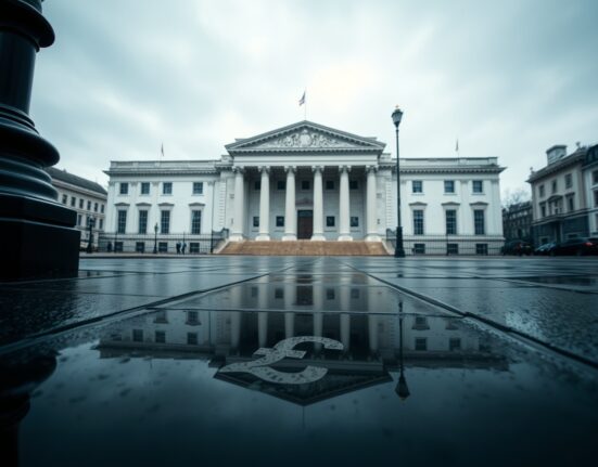 Bank of England building on a cloudy day with a pound symbol reflected in a puddle, representing UK economic slowdown.