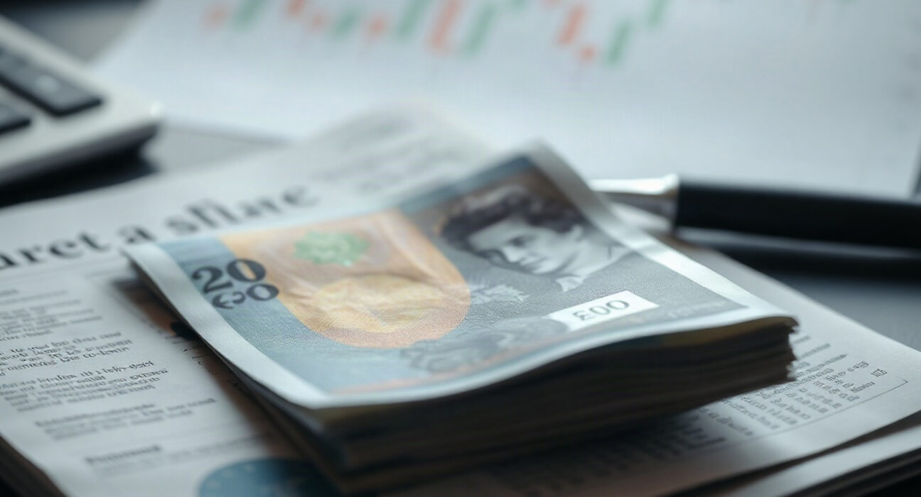 British pound banknote on financial newspaper with chart background