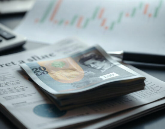 British pound banknote on financial newspaper with chart background