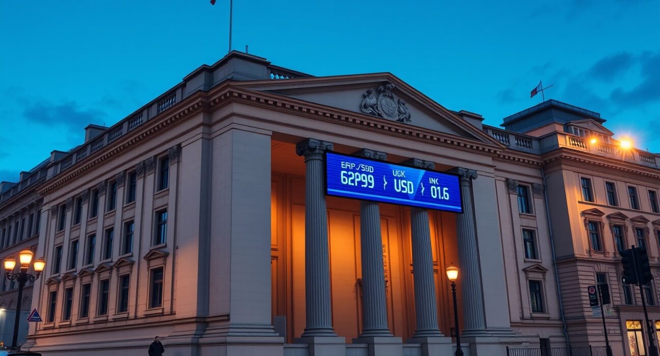 The Bank of England building in London, representing the central bank's decision on interest rates affecting the Pound Sterling.